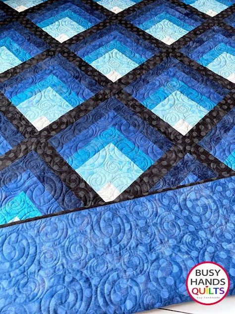 The quick and easy Waterfall II quilt pattern uses 7 fabrics, and the cover quilt is made with Moda Grunge. #waterfallquilt #busyhandsquilts #logcabinquilts Waterfall Quilt Pattern, Waterfall Quilt Pattern Free, Free Waterfall Quilt Pattern, Blue And Purple Quilts, Blue Ridge Mountain Quilt Pattern, Blue And Purple Quilts Ideas, Free Quilt Patterns Printables, Easy Quilting Design, Optical Illusion Quilts