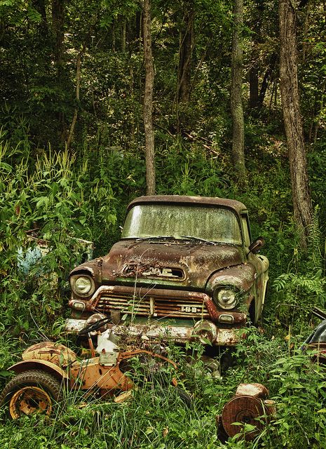 GMC Pick-up & narrow frame Cub Cadet,  Waynesville, North Carolina Rusty Cars Abandoned, Abandoned Car Aesthetic, Cars In Nature, Car Yard, Apocalypse Aesthetic, Pompe A Essence, Rusty Cars, Rat Rods Truck, Chateau France