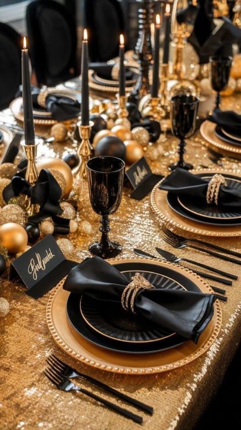 20 New Years Eve Table Settings - Lady Celebrations Black And Gold Birthday Party Table Decor, New Year’s Eve Table Setting Black, Black And Gold Formal Dinner Decor, Black White And Gold Tablescape, Silver And Gold Christmas Decorations, Formal Party Decorations Ideas, Black And Gold Table Set Up, Black Gold Tablescape, New Years Tablescape Ideas