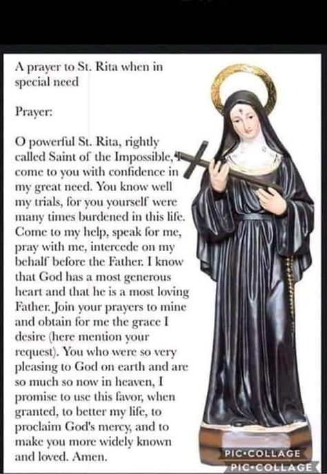 St. Rita (Saint of the impossible) devotional group | St Rita has done it for me, let's keep the faith and always pray and our good Lord will hear and answer our prayers. Prayer To St Rita, Novena Prayers Catholic, Catholic Saints Prayers, Saint Rita, St Rita Of Cascia, St. Rita, Catholic Beliefs, Santi Cattolici, Novena Prayers