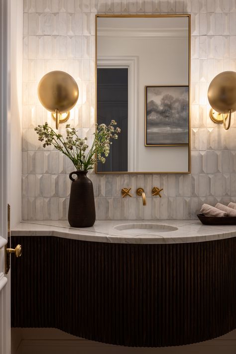 Hallbrook - Transitional - Powder Room - Kansas City - by Nate + Jessica | Trove Homes | Houzz Classy Powder Room, Organic Modern Powder Bathroom, Dark Powder Bath, Modern Colonial Bathroom, Timeless Powder Room, Transitional Powder Room Ideas, Modern Guest Bathroom, Neutral Bathrooms Designs, Moody Powder Room