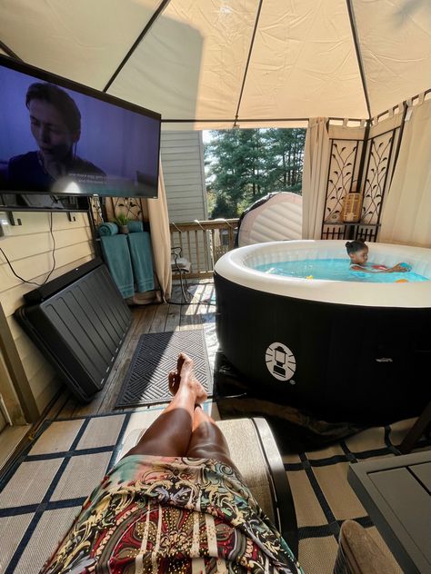 Inflatable Hot Tub Ideas Garage, Gazebo With Hot Tub And Couch, Blow Up Hot Tub Deck Ideas, Hot Tub Ideas, Inflatable Hot Tub, Inflatable Hot Tub Set Up, Inflatable Hot Tub Ideas Backyard, Blow Up Hot Tub In Shed, Inflatable Hot Tub Greenhouse