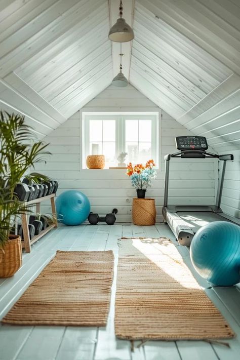 Attic Exercise Room: Fitness Essentials Attic Gym Ideas Exercise Rooms, Yoga Attic Space, Home Gym Attic, Attic Gym Ideas, Attic Gym, Fitness Essentials, Workout Room Home, Attic Ideas, Finished Attic