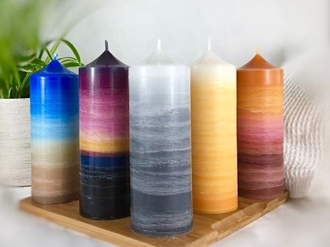 Ombre Gradient Pillar Candle, Marble Layered Candle, Beach Theme Layered Candle, Orange Ombre Candle, Grey Gradient Candle, Autumn Coloured Ombre Candle, Layered Candles, Large Pillar Candles, Diy Candles Homemade, Ceramic Oil Burner, Beach Candle, Skull Candle, Creative Candles, Orange Ombre