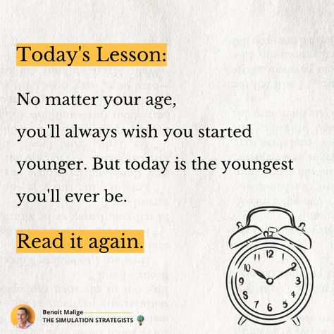 Today's Lesson:

No matter your age, you'll always wish you started younger. But today is the youngest you'll ever be.

Read it again.

#fyp #motivational #innovation #inspiration #personaldevelopment #personalgrowth #success Today Is The Youngest You Will Ever Be, Personal Growth, Personal Development, Coaching, Motivational Quotes, Matter, Reading, Quotes, Quick Saves