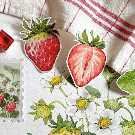 Painting Food Ideas, Strawberry Painting Tutorial, Watercolor Art Food, Watercolour Strawberry, Jam Watercolor, Strawberry Sketch, Strawberry Illustration, Watercolor Strawberries, Watercolor Strawberry