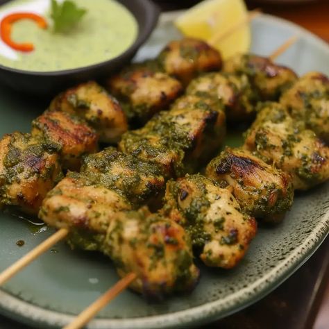 Dive into the world of succulent Chicken Hariyali Kebabs, where the vibrant green marinade not only tantalizes your taste buds but also elevates the visual Chicken Hariyali, Mint Chicken, Hariyali Chicken, Chicken Kabab, Kebab Recipe, Shish Kebab, Popular Appetizers, Indian Chicken, Chicken Kabobs