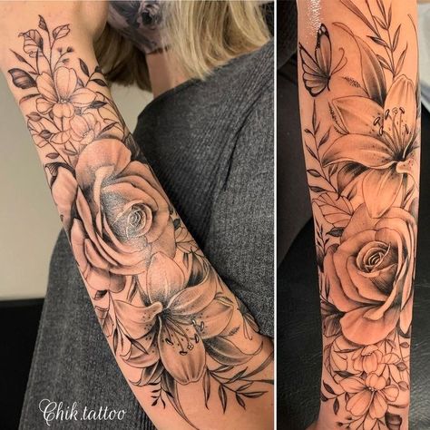 Tattoos Forearm, Half Sleeve Tattoos Forearm, Arm Sleeve Tattoos For Women, Half Sleeve Tattoos, Rose Tattoo Sleeve, Feminine Tattoo Sleeves, Tattoos Mandala, Forarm Tattoos, Tattoos For Women Half Sleeve