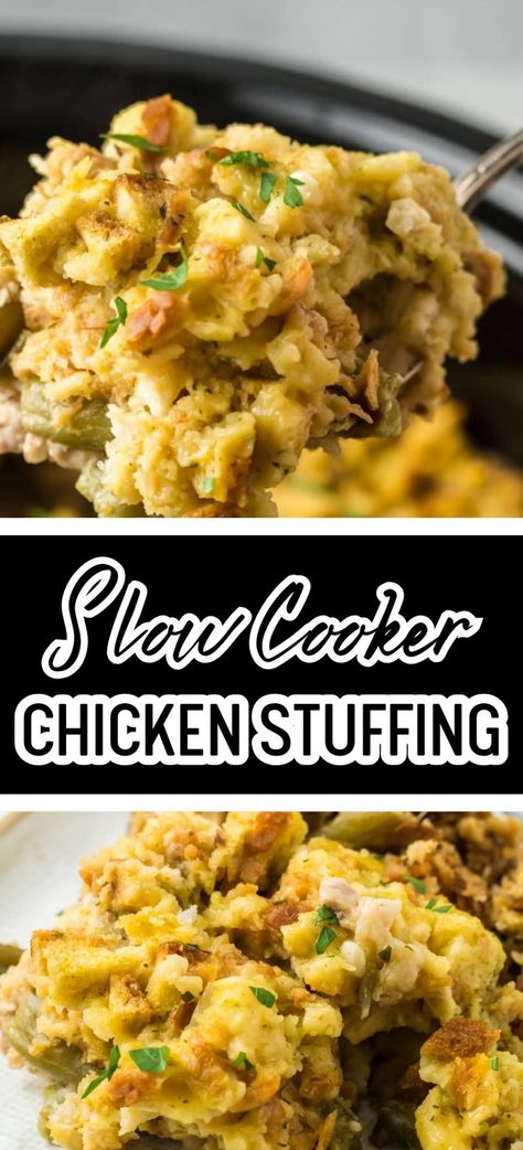 Collage of closeup shot of crock pot chicken stuffing casserole at top and closeup shot of plateful of crock pot chicken stuffing casserole at bottom. Chicken Casserole In The Crockpot, Chicken And Dressing Casserole Stove Top Crock Pot, Crockpot Recipe With Stuffing, Crockpot Recipes Prepare Ahead, Chicken Casseroles In Crockpot, Easy Crockpot Chicken Casserole Recipes, Fall Crock Pot Recipes Dinner, Chicken Broccoli Stuffing Crockpot, Fall Casserole Recipes Crock Pot