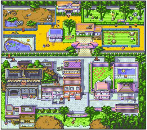 Kanto Redrawn - Fuschia City by dewdneym on Newgrounds Pokemon Kanto, Pokemon Rpg, Hidden Passage, Secret Passages, Pixel Art Tutorial, Art Games, Cool Pixel Art, Pixel Art Design, Game Concept