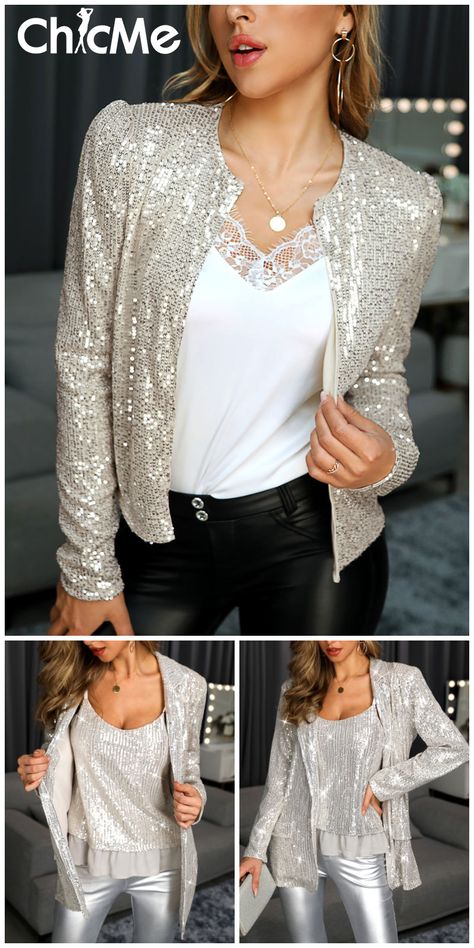 Sequin Vest Outfit, Sequin Bomberjack Outfit, Sparkly Blazer, Crop Tops Shirts, Sparkly Outfits, Sequin Vest, Glam Outfit, Sequin Blazer, Sleeves Designs For Dresses