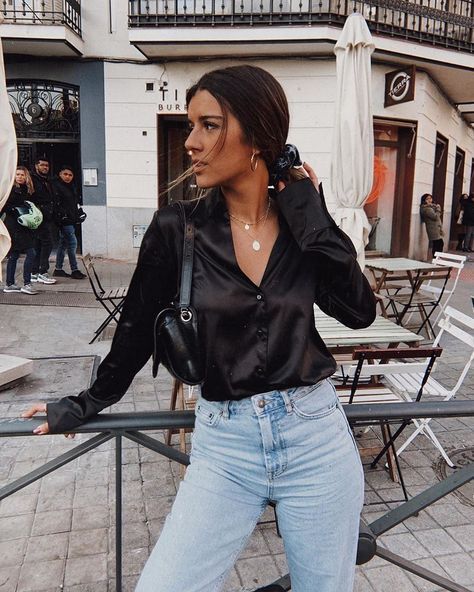 OOTD Magazine on Instagram: “OOTD @jmuchelas - what do you love about this look?” Black Satin Blouse Outfit, Satin Blouse Outfit Classy, Fashion Industry Aesthetic, Fashion Student Aesthetic, Black Blouse Outfit, Industry Aesthetic, Satin Blouse Outfit, Ootd Magazine, Stylish Mom Outfits