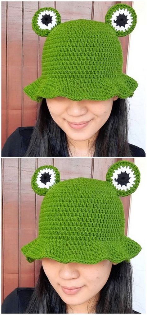 Crochet Froggy Bucket Hat Crochet Bucket Hat Free Pattern Men, Froggy Hat, Crocheted Bucket Hat, Crocheted Hats Patterns Free, Crochet Frog Hat Pattern Free, Crochet Baby Bucket Hat, Fun Crochet Bucket Hat, Cheap Fun Crochet Bucket Hat, Bucket Hat Crochet Pattern Free