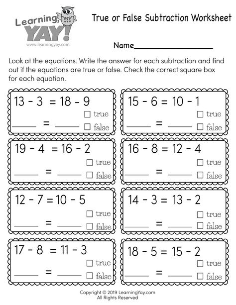 Students can improve their understanding of the equal sign by solving subtractions and then determining if the equations are true or false in this Common core aligned math worksheet for first grade. Math Revision, Math Subtraction Worksheets, Easy Math Worksheets, Worksheet Coloring, Worksheet Kindergarten, Ela Worksheets, First Grade Math Worksheets, Vowel Worksheets, Math Subtraction