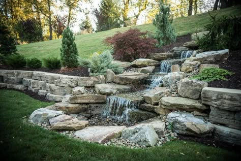 Small Backyard Ponds And Waterfalls Garden Fountains, Front Yard Waterfall Ideas, Waterfall In Landscape Design, Water Fall Landscape, Water Feature Sloped Yard, Large Backyard Waterfall, Hillside Waterfall, Backyard Waterfall Ideas, Waterfall Into A Pond