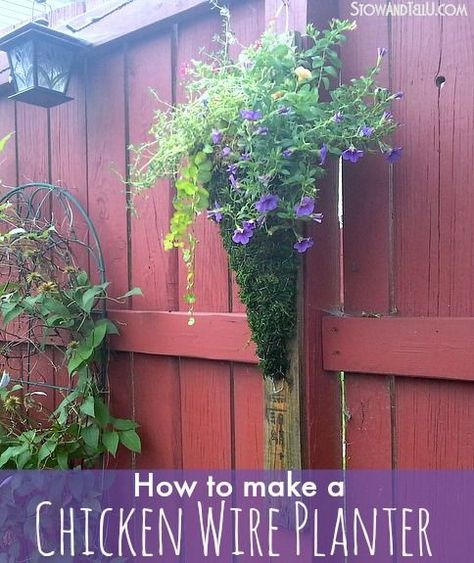 Make Your Own Vertical Cone Planter From Chicken Wire Moss Planter, Chicken Wire Crafts, Wood Decks, Vertical Garden Diy, Vertical Planter, Pallet Planter, Container Design, Garden Containers, Chicken Wire