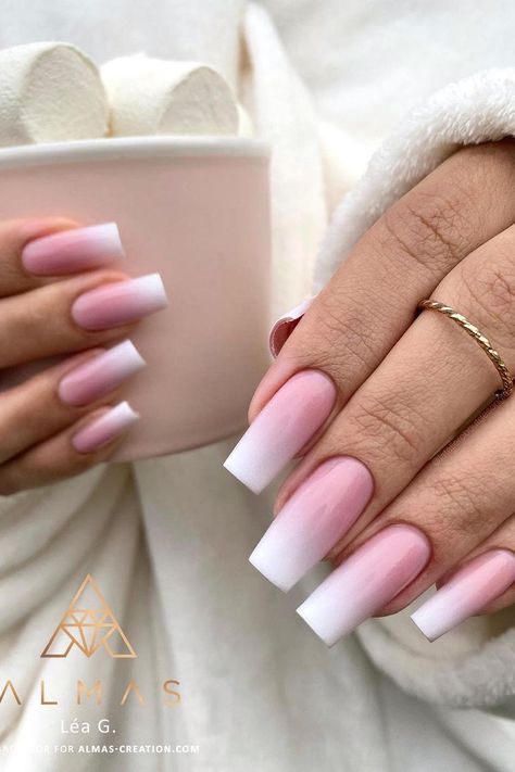 These beautifully crafted coffin-shaped nails boast a soft pink base with a striking white tip, giving a modern twist to the classic French manicure. The smooth gradient transition adds elegance and a touch of sophistication, perfect for a chic and polished look.  // Photo Credit: Instagram @latelieroboutdesongles French Nails Ombre, Pink Oval Nails, Baby Boomer Nails, Dance Nails, Pink Stiletto Nails, Birthday Nail Designs, Baby Boomers Nails, Nail Board, Squoval Nails