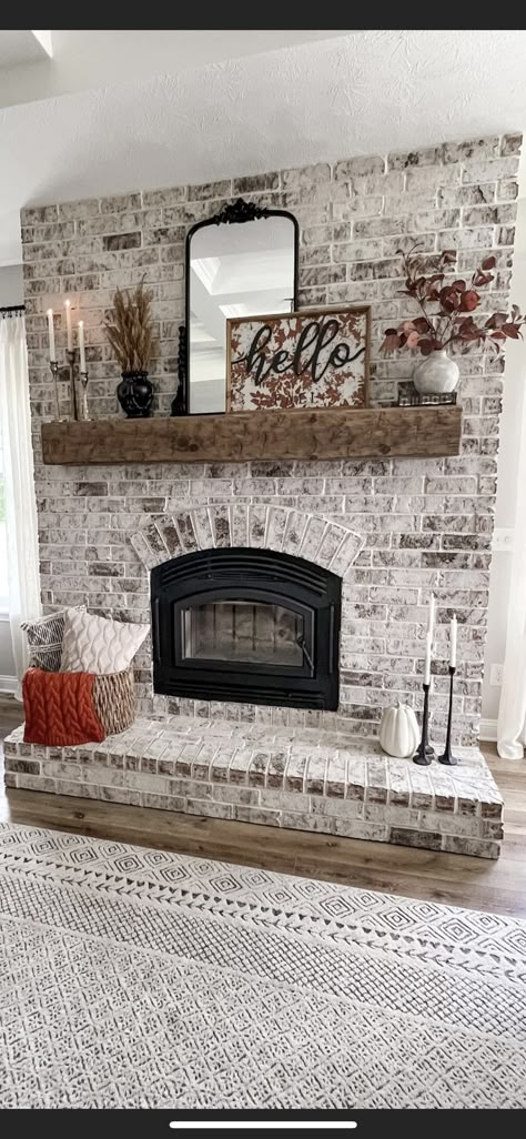 Full Length Wall Fireplace, Fireplace Makeover Before And After Brick, Large Brick Fireplace Decor, Wood Design Above Fireplace, Brick With Shiplap Fireplace, Rustic Farmhouse Living Room With Fireplace, Whitewash Brick Fireplace Decor, Woodburning Fireplace Ideas, Mantle Decorating Ideas With Pictures