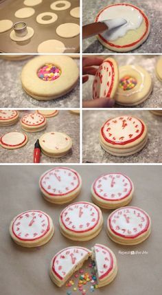 Clock Cookies, New Years Confetti, Confetti Cookies, New Years Eve Day, New Year's Desserts, New Years Cookies, New Years Eve Food, Decorate Cookies, Making Cookies