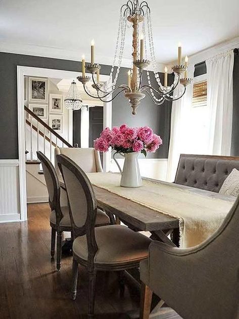 Dark paint colors can work for a bedroom, for a living room, for a bathroom, and more. These dark color palettes prove that you can have navy blue or dark gray walls that don’t make a room seem small. Here are the best paint colors to choose from. #paint #colorpalette #color French Country Dining Room Table, French Country Dining Room Decor, Country Dining Room, French Country Decorating Living Room, French Country Dining Room, Dining Room Paint Colors, Linen Dining Chairs, Dark Grey Walls, Dining Room Table Centerpieces