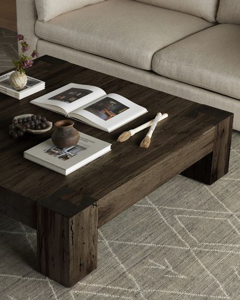 Made from thick-cut oak veneer with a faux rustic finish made to emulate wormwood oak, this low, large-scale coffee table features chunky squared legs and dovetail joinery detailing. | Four Hands Abaso Coffee Table in Brown | Mathis Home Square Wood Coffee Table, Distressed Coffee Table, Wood Coffee Table Rustic, Table Square, Dovetail Joinery, Oak Coffee Table, Large Coffee Tables, Rustic Coffee Tables, Rustic Lodge