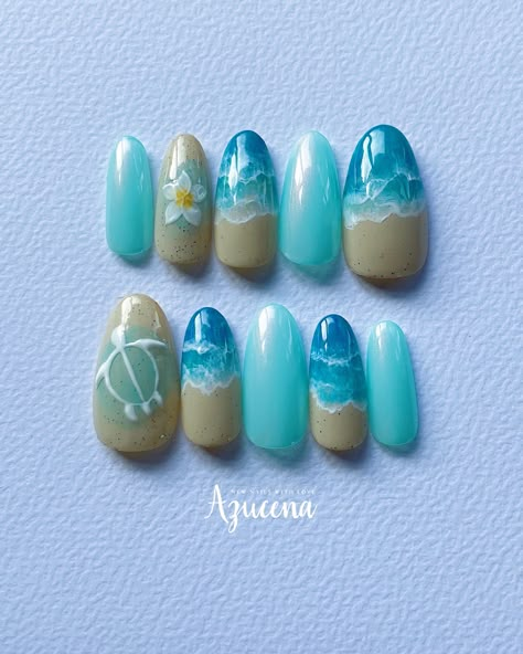 "These cute press on nails, Ready to wear.  This is for a QUICK and EASY manicure, hand painted and durable.  Nail shape in photo : round short Each order contains :  * 10 x press on nails of your size * 1 x nail file * 1 x adhesive tab sheet (24 tabs)  * 2 x alcohol wipe  * 1 x wood stick All of my works are hand painted and I do not use any stamps, stickers, rhinestones or other parts. Therefore, please understand that there may be slight differences in color and shape, and that it takes time Acrylic Nails Beach Theme, Aquatic Nail Designs, Beach Nails Seashell, Boat Nail Art, Cute Nails Press On, Ocean Vibe Nails, Cute Hawaiian Nails, Hawaii Theme Nails, Costa Rica Nails Designs