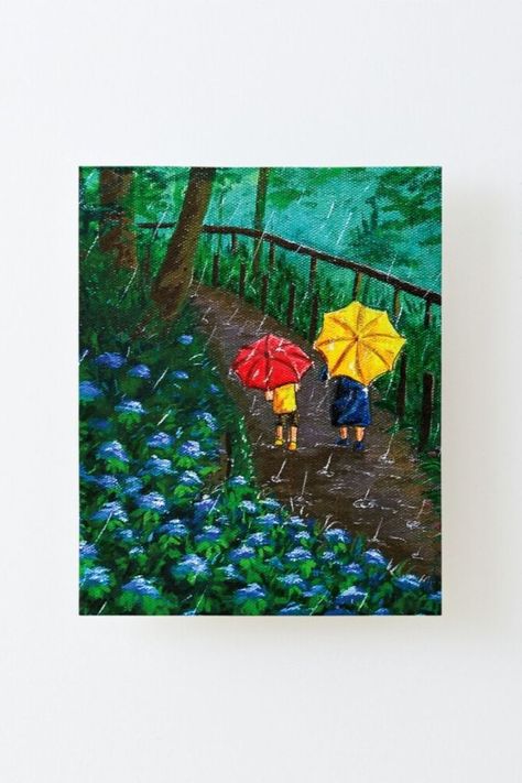 This is an acrylic painting of two siblings walking under umbrella on a rainy day. siblings, under, umbrella, rainy day, monsoon, path, forest, acrylics, colors, flower, garden, rain drops, swampy roads #canvasboard #prints #acrylic #painting #art #monsson #siblings #umbrella Monsoon Painting Easy, Monsoon Painting Rainy Days, Rainy Day Painting Easy, Sibling Painting Ideas, Rainy Day Painting Acrylic, Rain Painting Acrylic, Monsoon Painting, Rainy Day Painting, Rainy Day Drawing