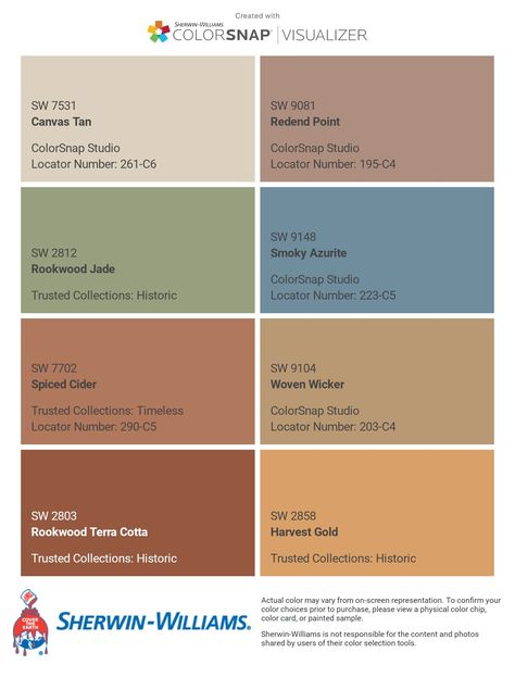 I just created this color palette with the Sherwin-Williams ColorSnap® Visualizer app on my Android phone. What do you think? You can learn more about ColorSnap Visualizer and get it on your phone free by visiting https://www.sherwin-williams.com/content/colorsnap.html. Canyon Ridge Paint Color, Mid Century Paint Colors Sherwin Williams, Sherwin Williams Historical Paint Colors, Subdued Sienna Sherwin Williams, Sherwin Williams Spiced Cider, Warm Terracotta Color Palette, Spiced Cider Sherwin Williams, Mid Century Paint Colors, Mediterranean Color Palette