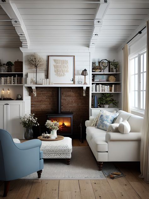 Scandinavian Cottage Living Room, Cape Cod House Interior Ideas Living Room, Scandi Cottage Living Room, Small English Living Room, Small Cottage Interiors Living Room, New England Style Living Room, Cape Cod House Interior Ideas, Americana Living Rooms, Small Cottage Living Room