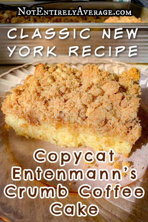 a piece of crumb cake, on a plate Ny Crumb Cake Recipe, Dense Vanilla Cake, New York Crumb Cake Recipe, Coffee Cake Loaf, Coffee Cake Cookies, Crumb Coffee Cakes, Cake Classic, Dessert Squares, Coffee Cake Recipes Easy