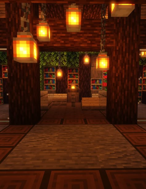 Inside Of House Minecraft, Minecraft Library Room Ideas, Overgrown Library Minecraft, Mincraft Idea Inside, Minecraft Reading Corner, Minecraft Aesthetic Library, Minecraft Tree Library, Minecraft Skylight, Minecraft Inside Ideas