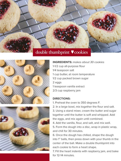 Double Thumbprint Heart Cookies Heart Biscuits Recipe, Cookies Jam Heart, Raspberry Heart Cookies, Easy Heart Cookies, Strawberry Heart Cookies Recipe, Heart Jelly Cookies Recipe, Jelly Heart Cookies Recipe, Heart Shaped Thumbprint Cookies, Heart Shape Cookies Recipe