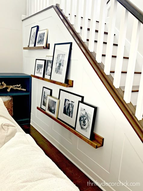 Finished board and batten accent stairway wall! Guesthouse Ideas, Stairway Decor, Stairway Gallery Wall, Stair Wall Decor, Stairway Walls, Stairway Wall, Staircase Wall Decor, Stairway Decorating, Batten Wall