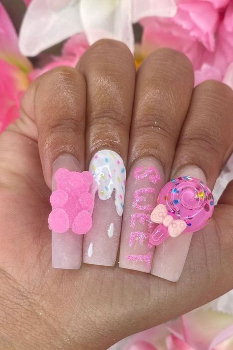 Try the Candy Nail-Art Trend Before Summer Ends Candyland Theme Nails, Candy Nails Designs 3d, Pink Candy Nails, Candy Theme Nails, Candy Themed Nails, Candy Acrylic Nails, Candy Nails Acrylic, Candy Land Nails, Candy Nails Designs