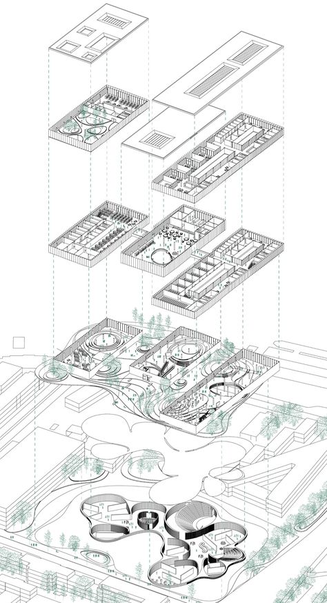 Between Berlin Natural Science Museum Plan Concept Architecture, Exploded Axonometric, Natural Science Museum, Collage Architecture, Axonometric Drawing, Henning Larsen, Architecture Panel, Architecture Presentation Board, Architecture Concept Diagram