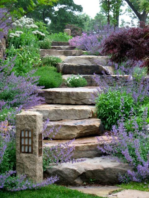 The use of natural materials draws your eyes up the stairs, all the while wondering what awaits at the top. The way it is supposed to be down. Modern Rock, Stone Steps, Garden Stairs, Garden Steps, Have Inspiration, Landscape Designs, Retaining Walls, Garden Pathway, Beautiful Backyards