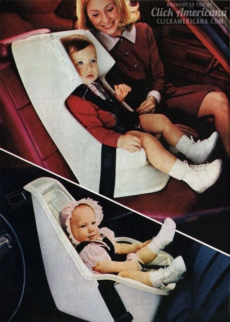 Love this! | Click Americana Memories and Memorabilia GM’s new Love Seats: Child car safety seats (1973) Vintage Baby Gear, Toddler Booster Seat, Child Safety Seat, Love Seats, Olden Days, Child Car Seat, Retro Baby, Baby Seat, Car Safety