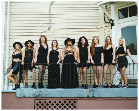 Rachel Varina and her bridesmaids wear black and dress as coven witches for her Nola bachelorette party Coven Bachelorette Party Outfit, Coven Bridal Party, Witch Bridal Party, Bachelorette Party Witch Theme, Ahs Coven Bachelorette Party, Emo Bachelorette Party Outfits, Halloween Themed Bachelorette Party Ideas, Witch Bachelorette Party Outfit, Witch Hen Party