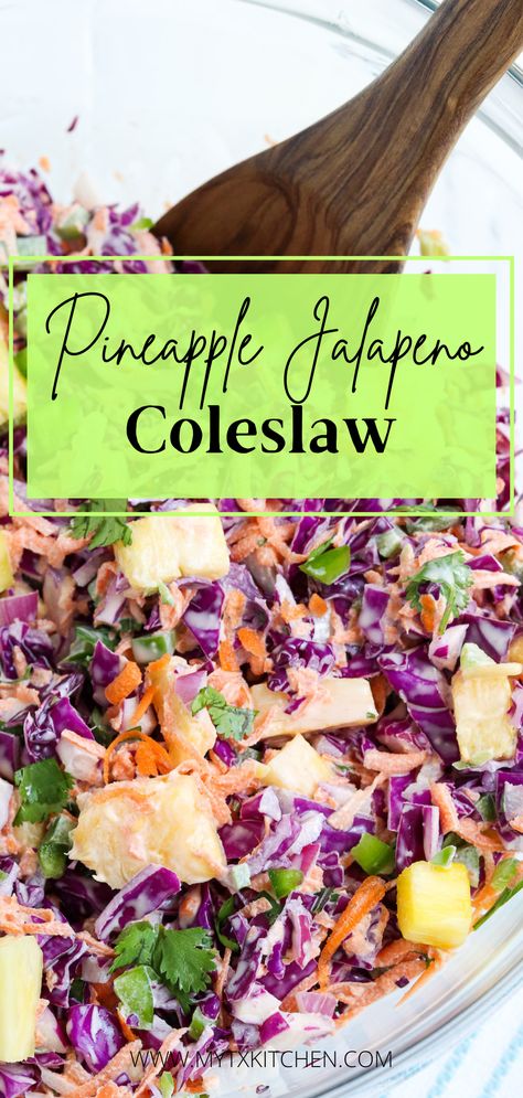 Pineapple Jalapeno Coleslaw is the perfect recipe to elevated your summer side dish game. This vibrant coleslaw is made with red cabbage, shredded carrots, pineapple, jalapeno all tossed in a creamy mayo-based dressing. Pin it now for your next BBQ! #sidedish #coleslaw #BBQsides Grilled Pineapple Coleslaw, Avocado Coleslaw, Jalapeño Coleslaw, Pineapple Jalapeno Coleslaw, Pineapple Jalapeno Slaw, Spicy Coleslaw Recipe, Coslaw Recipes, Hawaiian Coleslaw, Pineapple Coleslaw Recipe