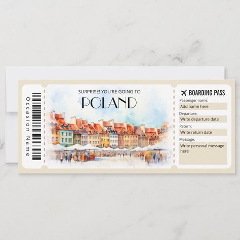 Editable Poland Warsaw Plane Boarding Pass Plane Boarding, Fake Plane Ticket, Boarding Pass Invitation, Poland Warsaw, Vintage Planes, Concept Map, Gift Certificate, Surprise Gift, Gift Certificates