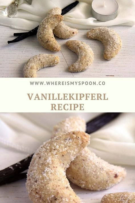 Austrian Vanillekipferl or vanilla crescent cookies, these are some of the best cookies in the world. You just have to try them!!! #whereismyspoon #vanillekipferl #austriancookies #vanillacrescentcookies #vanillacookies #christmascookies #austrianchristmas Vanilla Crescents, Vanilla Crescent Cookies, Best Cookies In The World, Hungarian Cookies, Pastries Recipes Dessert, Christmas Cookie Recipes Holiday, Crescent Cookies, German Cookies, The Best Cookies