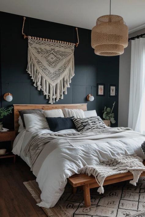 25 Bold Black Accent Wall Bedroom Ideas to Upgrade Your Space - Roomy Retreat Black Bedroom Walls Inspiration, Dark Feature Wall Bedroom, Black Feature Wall Bedroom, Black Accent Wall Bedroom Ideas, Dark Accent Wall Bedroom, Accent Wall Bedroom Ideas, Black Accent Wall Bedroom, Wall Bedroom Ideas, Couples Room