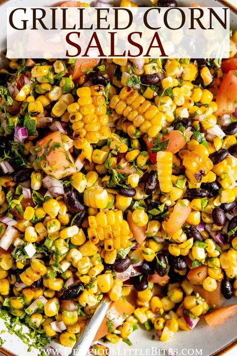 Grilled Corn Salsa is a quick and easy summer recipe. It's made with fresh corn, tomatoes and black beans with herbs and a zesty lime dressing. You can keep it simple and enjoy it with chips or serve it as a side or topping to a variety of different dishes. Black Bean And Corn Salsa Recipe, Grilled Corn Salsa Recipe, Mexican Corn Salsa, Homemade Corn Salsa, Corn And Black Bean Salsa, Sweet Corn Salsa, Fresh Corn Salsa, Fresh Corn Recipes, Foods Around The World