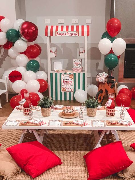 Pizza Shop Birthday Party Ideas | Photo 1 of 23 | Catch My Party Pizza Party Decorations Birthday, Pizza Party Dessert Table, Pizza Bday Party Ideas, Italian Themed Balloon Arch, Pizza Parlor Party, Pizza Party Backdrop, Italian Party Backdrop, Pizza Party Table Decor, Pizza Decoration Ideas