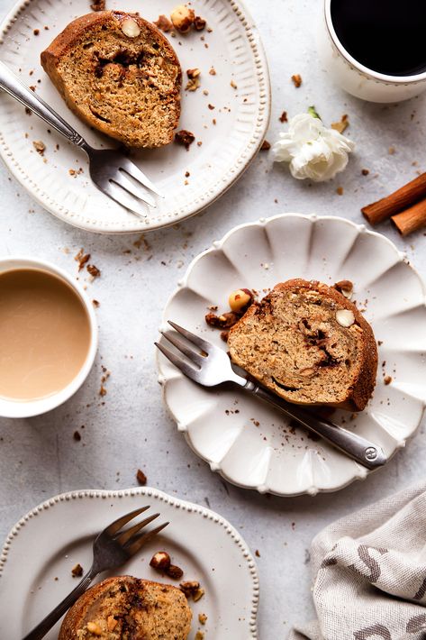 Chocolate Granola Swirled Banana Bundt Cake - Food and Flair Bundt Cake Photography Styling, Bundt Cake Food Photography, Banana Cake Photography, Coffee Cake Photography, Bundt Cake Photography, Cake Photography Styling, Cake Food Photography, Banana Bundt Cake, Banana Bundt