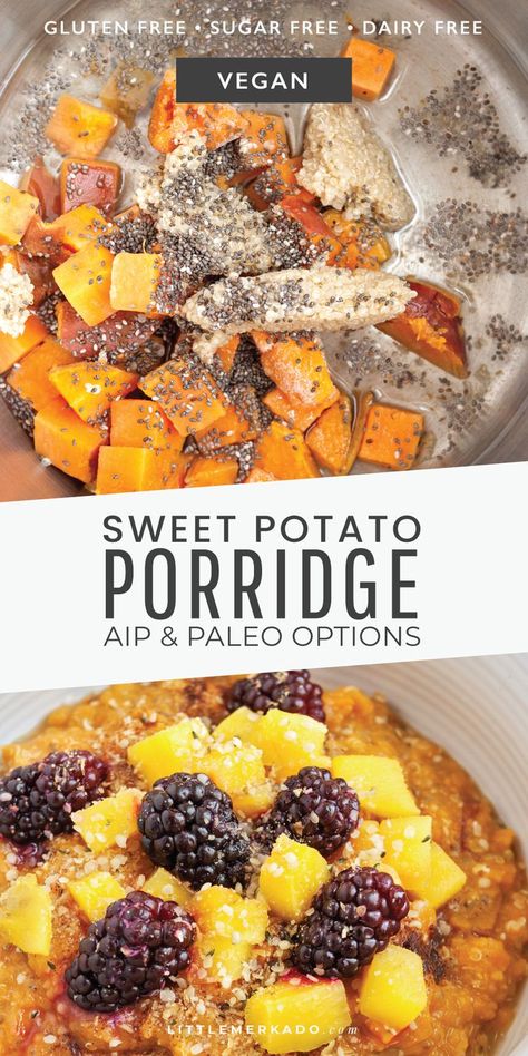 Sweet potato porridge with raspberries, mango, quinoa and chia seeds Aip Breakfast Porridge, Aip Breakfast Recipes, Sweet Potato Porridge, Potato Porridge, Vegan Porridge, Best Healthy Breakfast, Aip Meals, Histamine Diet, Aip Breakfast