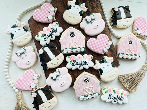 Farm Cookies 2nd Birthday, Pink Farm Birthday Cookies, Farm Girl Baby Shower Ideas, Farm Animal Cookies Barnyard Party, Oink Moo Cockadoodle Two Birthday, Silly Cow, Pink Barnyard Party, Farm Cookies, First Birthday Cookies