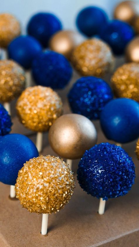 Blue And Gold Bday Decor, Blue And Gold Candy Buffet, Navy Blue White And Gold Birthday Party, Royal Blue And Gold Treat Table, Blue And Gold 21st Birthday Party, Navy And Gold Cake Pops, Royal Blue And Gold Cake Pops, Royal Blue And Gold Strawberries, Royal Blue And Gold Party Theme