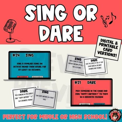 Sing or Dare -A Singing Game for Middle and High School Choirs (Digital & Print) High School Choir Room Decor, Choir Classroom Decor, Choir Aesthetic, Theatre Activities, Choir Classroom, Teaching Orchestra, Middle School Choir, Middle School Band, Choir Teacher