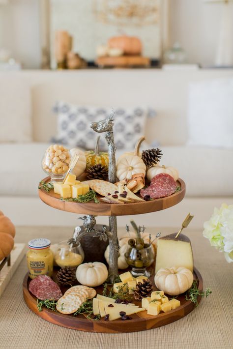 Two-Tiered Harvest Cheese Board Two Tier Charcuterie Board, Tiered Charcuterie Board, Two Tier Tray Charcuterie, Tiered Charcuterie Display, Tiered Tray Appetizers, Tiered Cheese Board, Fall Themed Cheese Board, Food Tray Ideas, Tiered Serving Trays Food